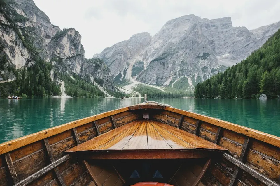 Mountain scenery reflected in a still Alpine lake
