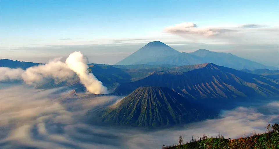 The volcanic peaks and sand plain of the Bromo landscape in East Java